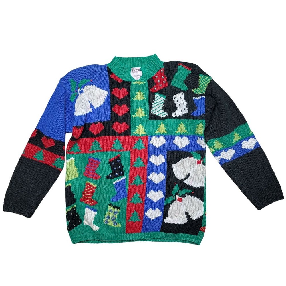 Skyr vintage knit Christmas sweater green stockings, heart, trees winter size S